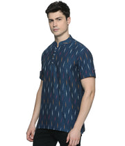 Ikat Navy Blue Patterned Mens Slim Kurta