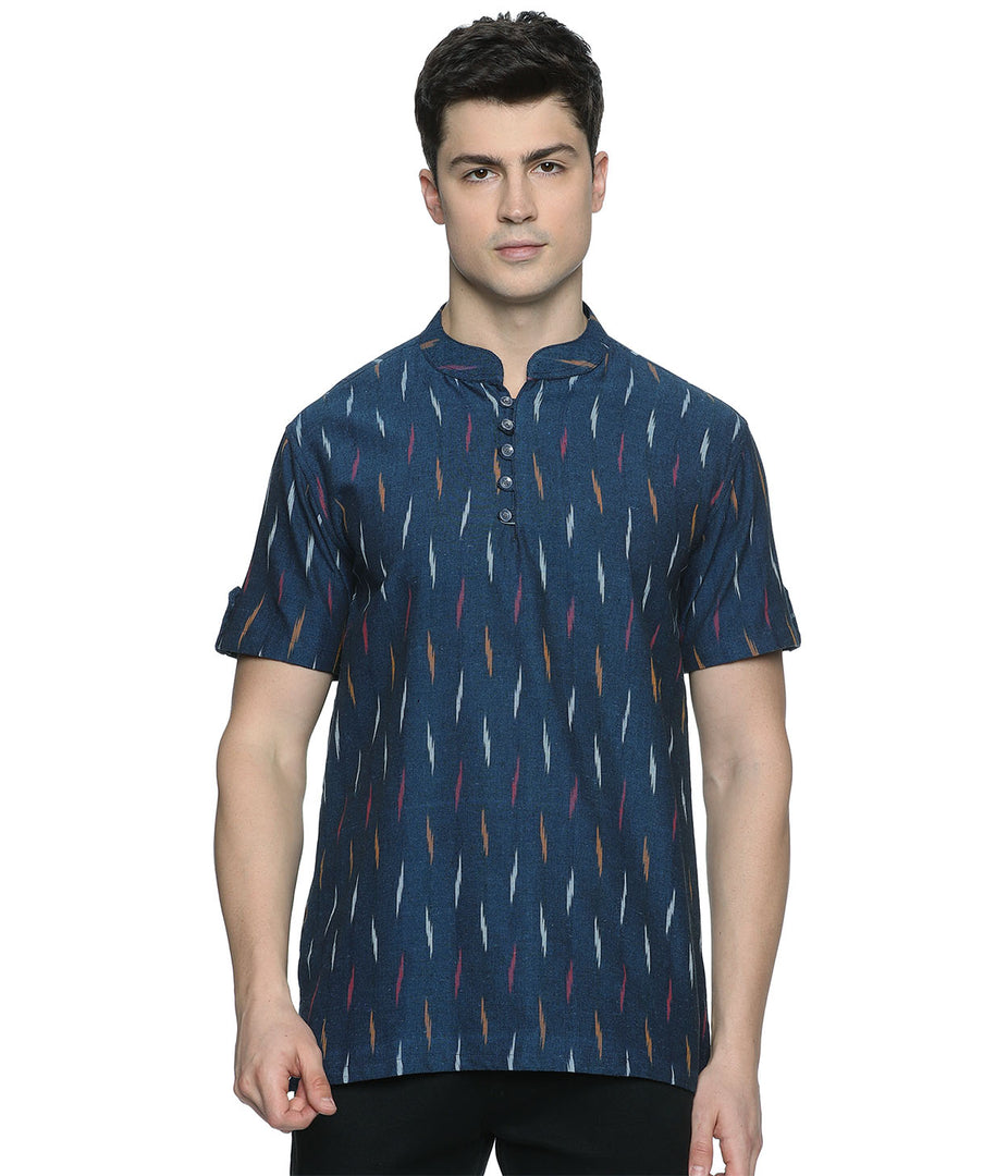 Ikat Navy Blue Patterned Mens Slim Kurta