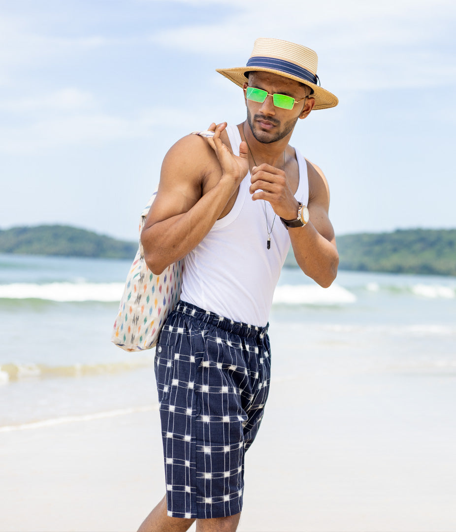 Navy Patterned Ikat Mens Shorts