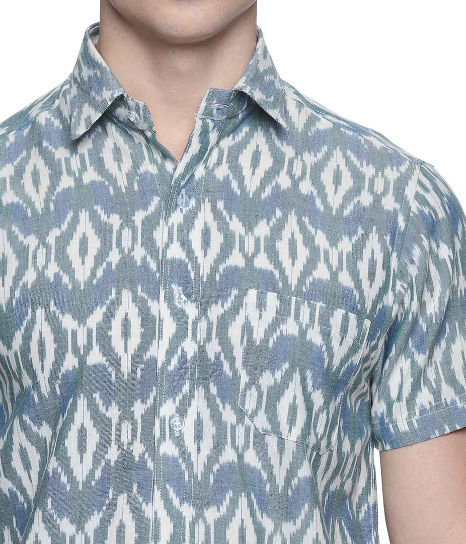 Ikat Olive-Blue Patterned Mens Short-Sleeved Shirt