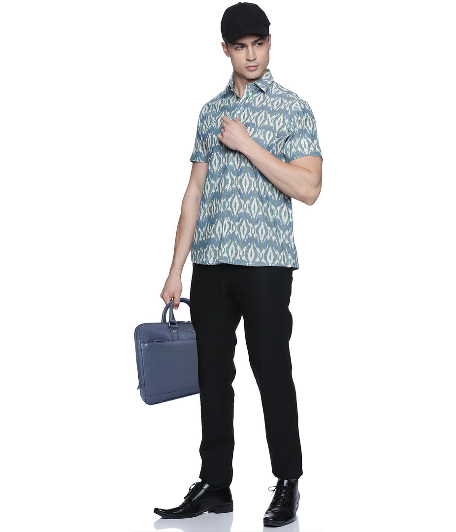 Ikat Olive-Blue Patterned Mens Short-Sleeved Shirt