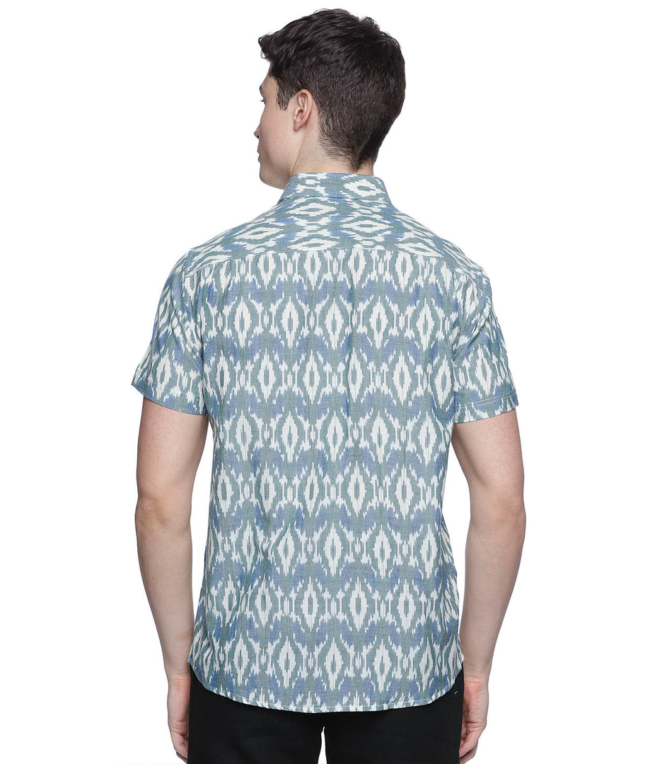 Ikat Olive-Blue Patterned Mens Short-Sleeved Shirt