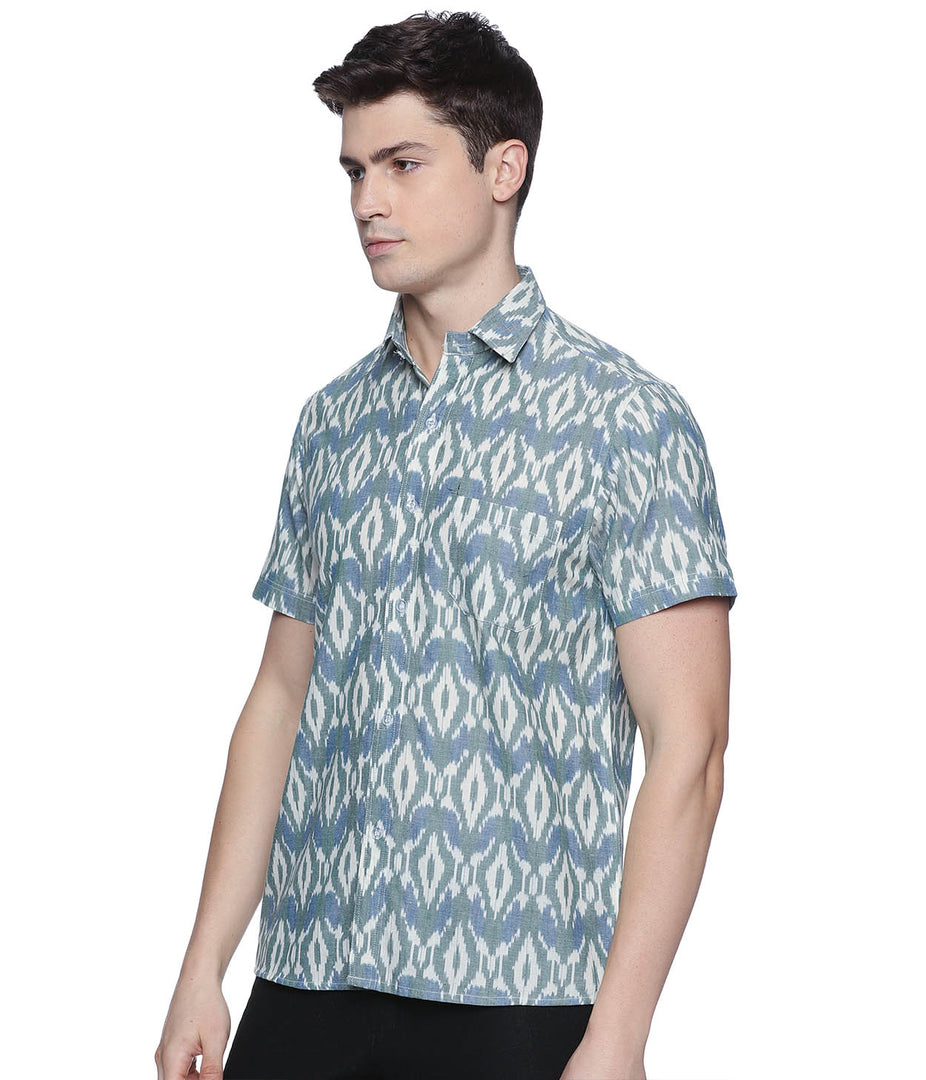 Ikat Olive-Blue Patterned Mens Short-Sleeved Shirt