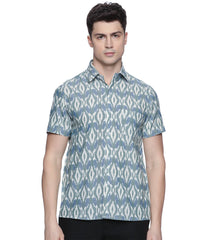 Ikat Olive-Blue Patterned Mens Short-Sleeved Shirt