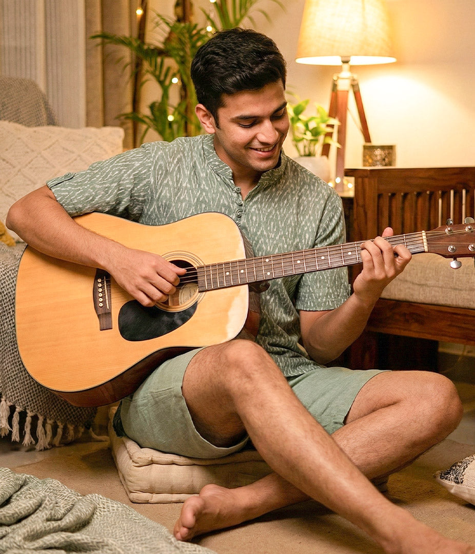 Ikat Olive Patterned Mens Slim Kurta