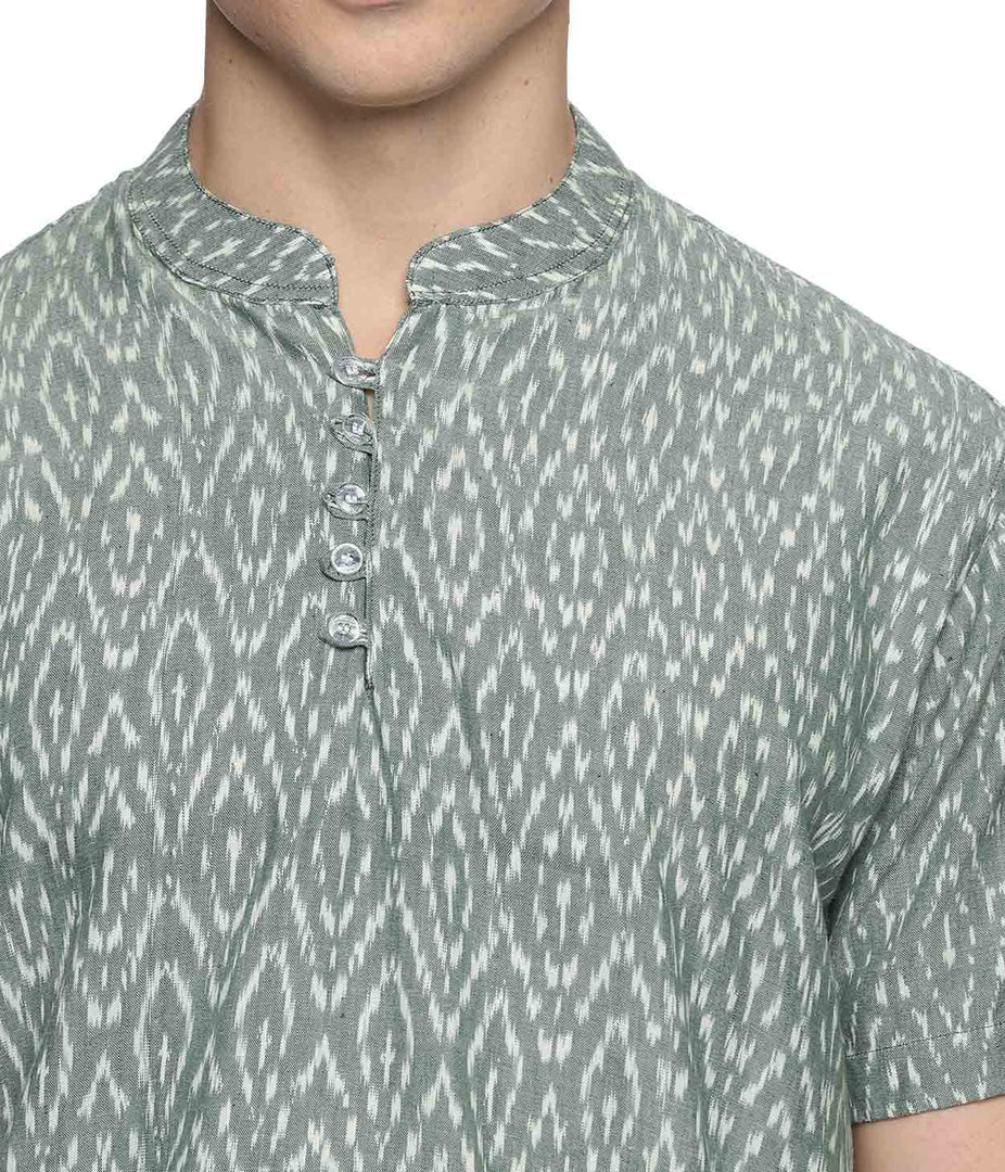 Ikat Olive Patterned Mens Slim Kurta