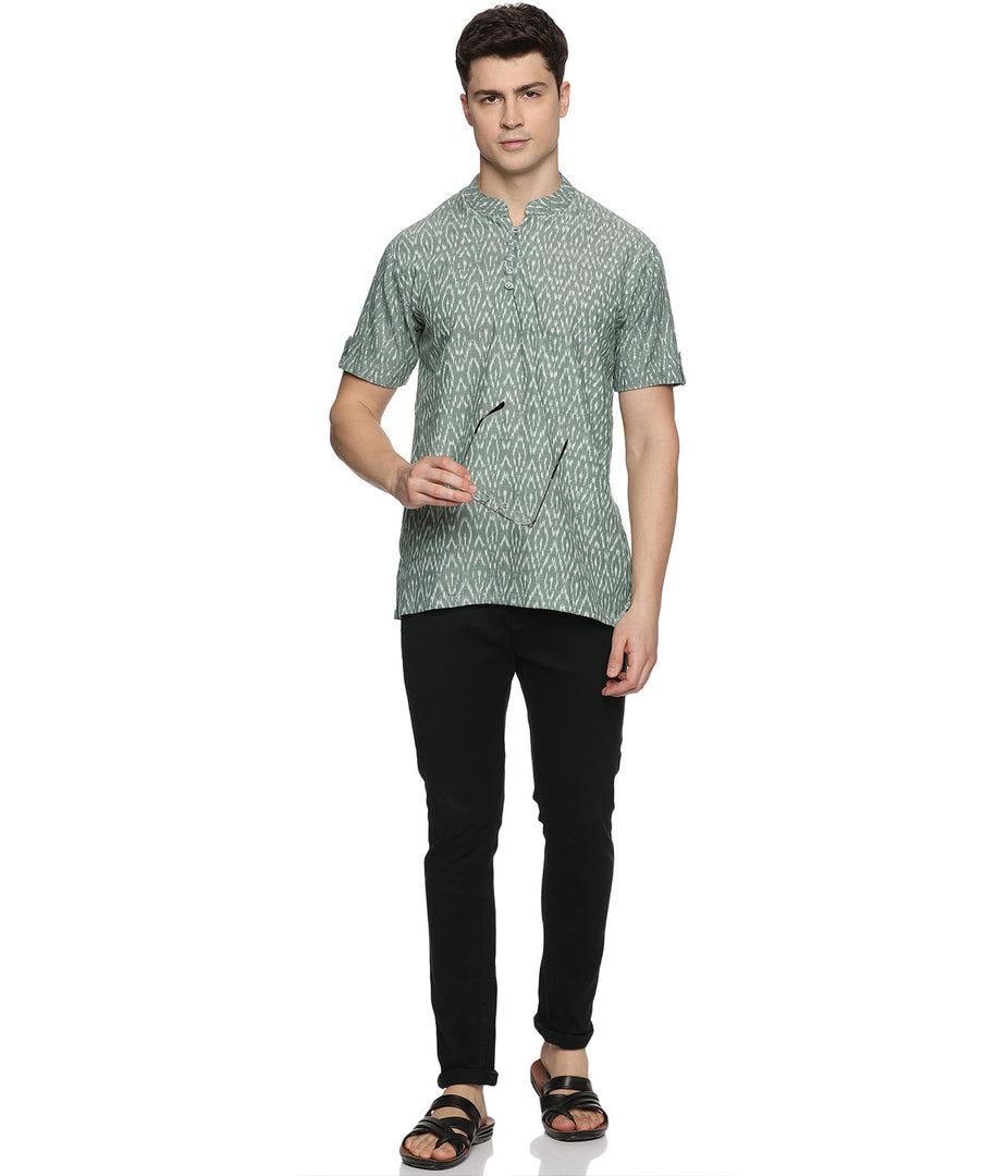 Ikat Olive Patterned Mens Slim Kurta