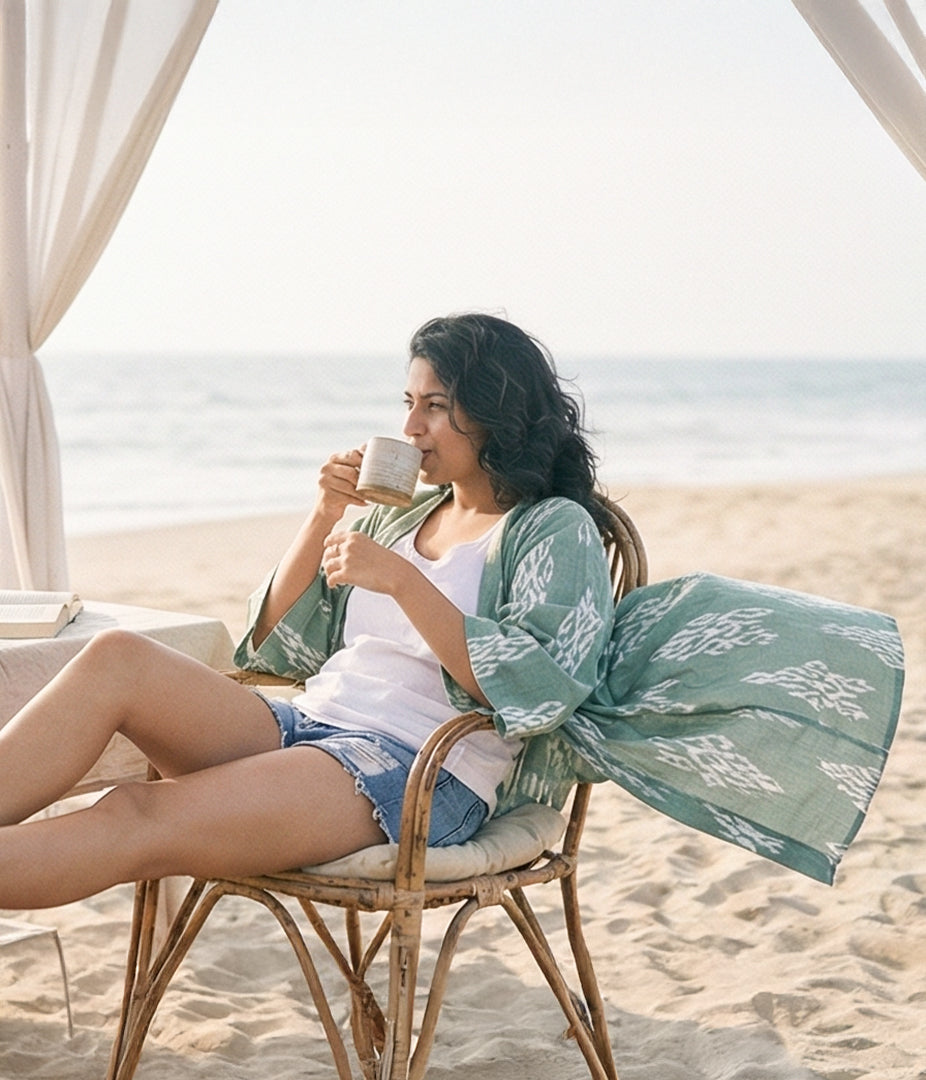 Ikat Olive Womens Kimono