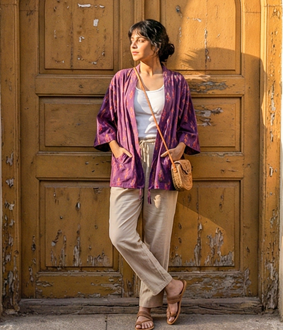 Ikat Purple Womens Kimono