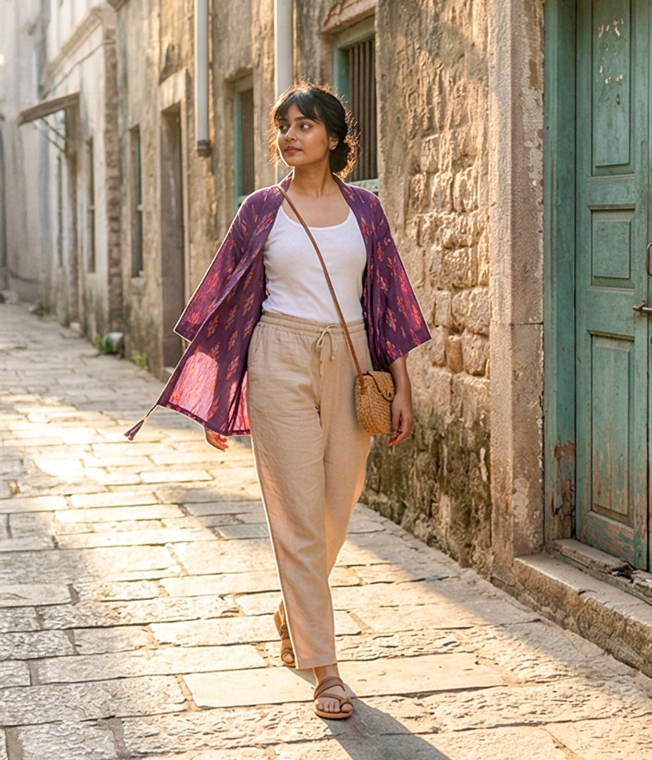 Ikat Purple Womens Kimono