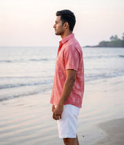 Ikat Rust Red Patterned Mens Short-Sleeved Shirt