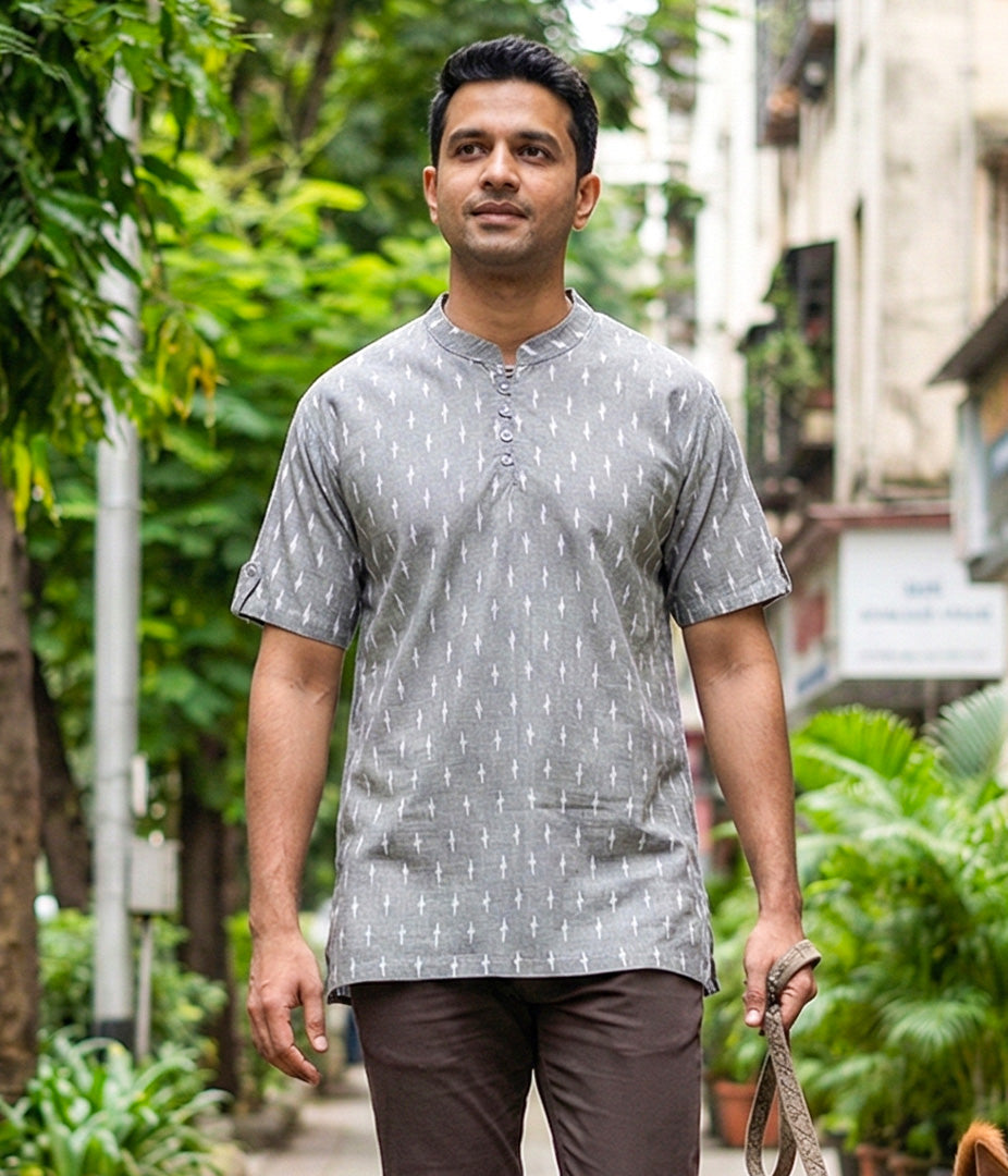 Ikat Taupe Mens Slim Kurta Main image