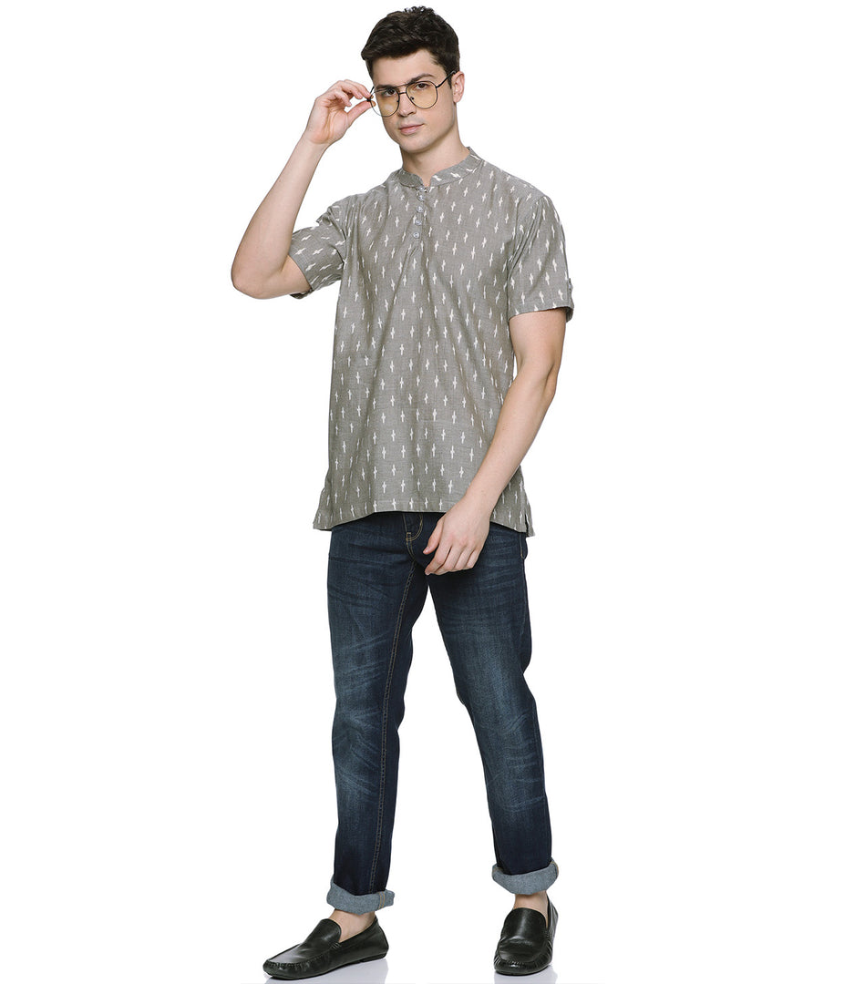 Ikat Taupe Mens Slim Kurta