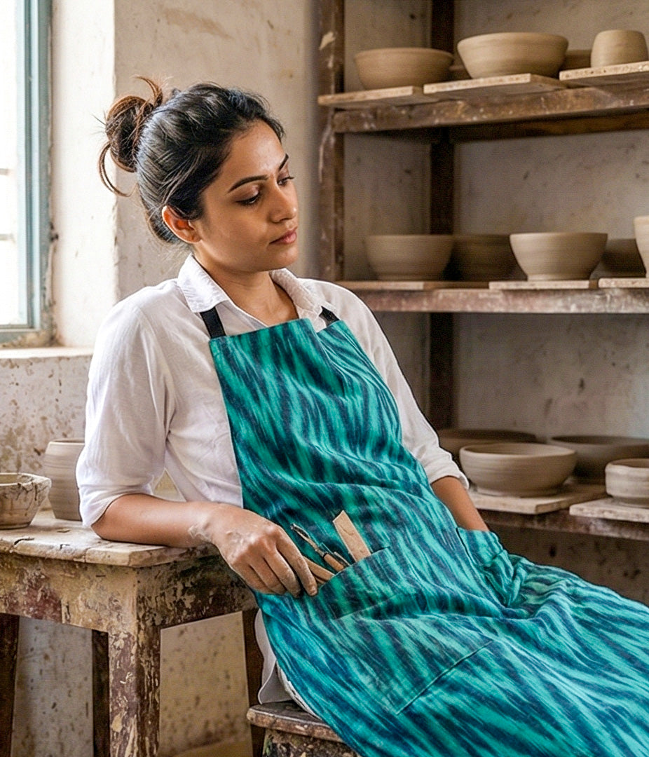 Teal Chevrons Ikat Handloom Apron