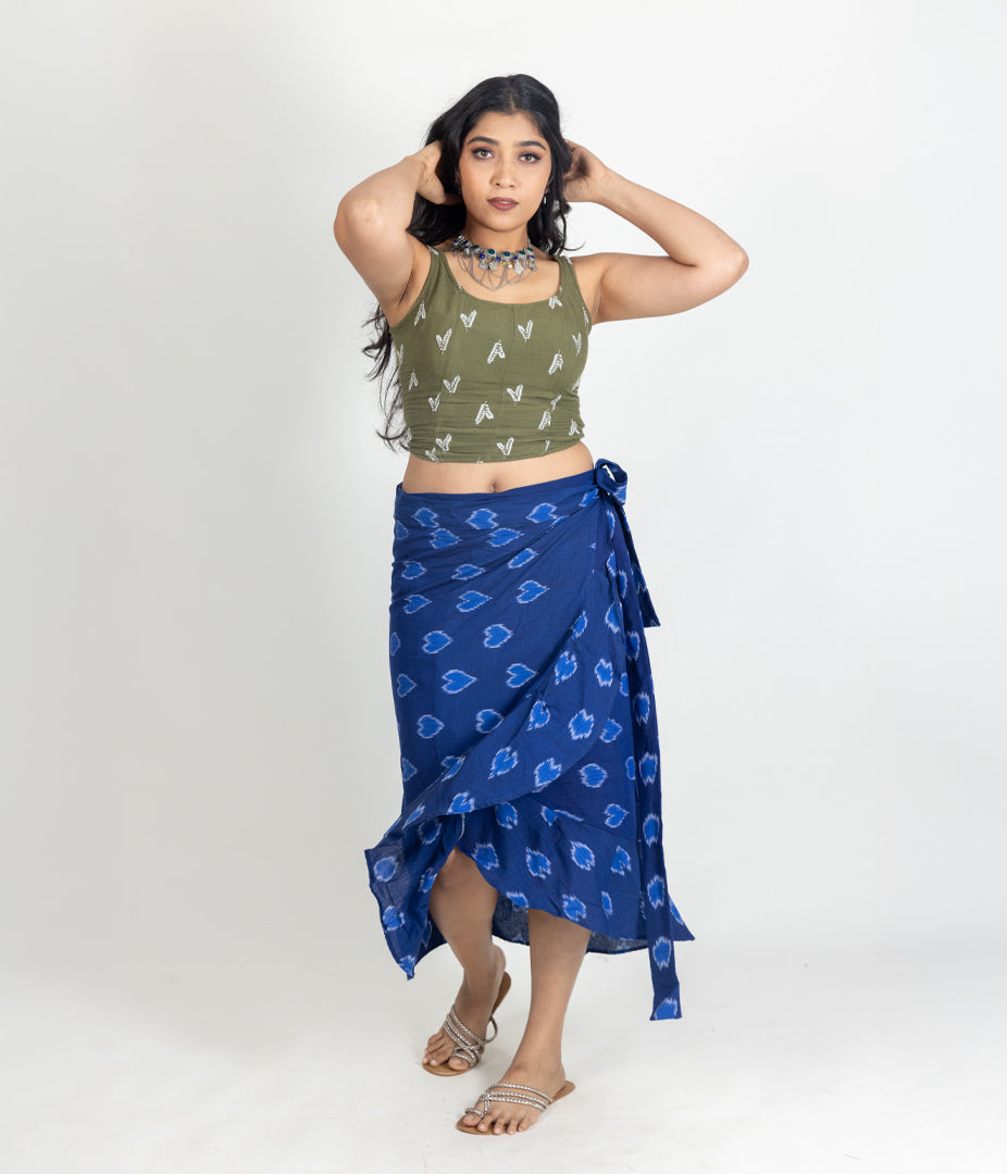 Ikat Blue Hearts Womens Sarong Skirt