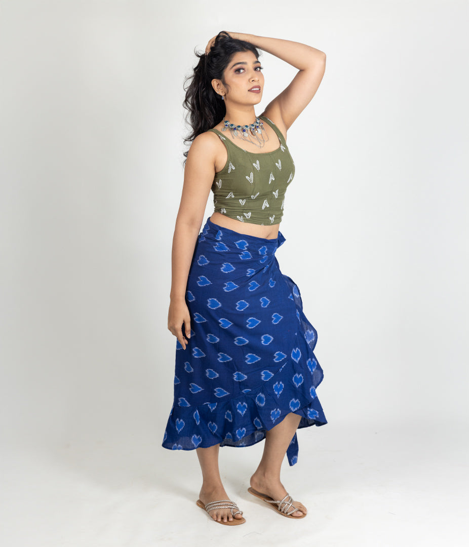 Ikat Blue Hearts Womens Sarong Skirt
