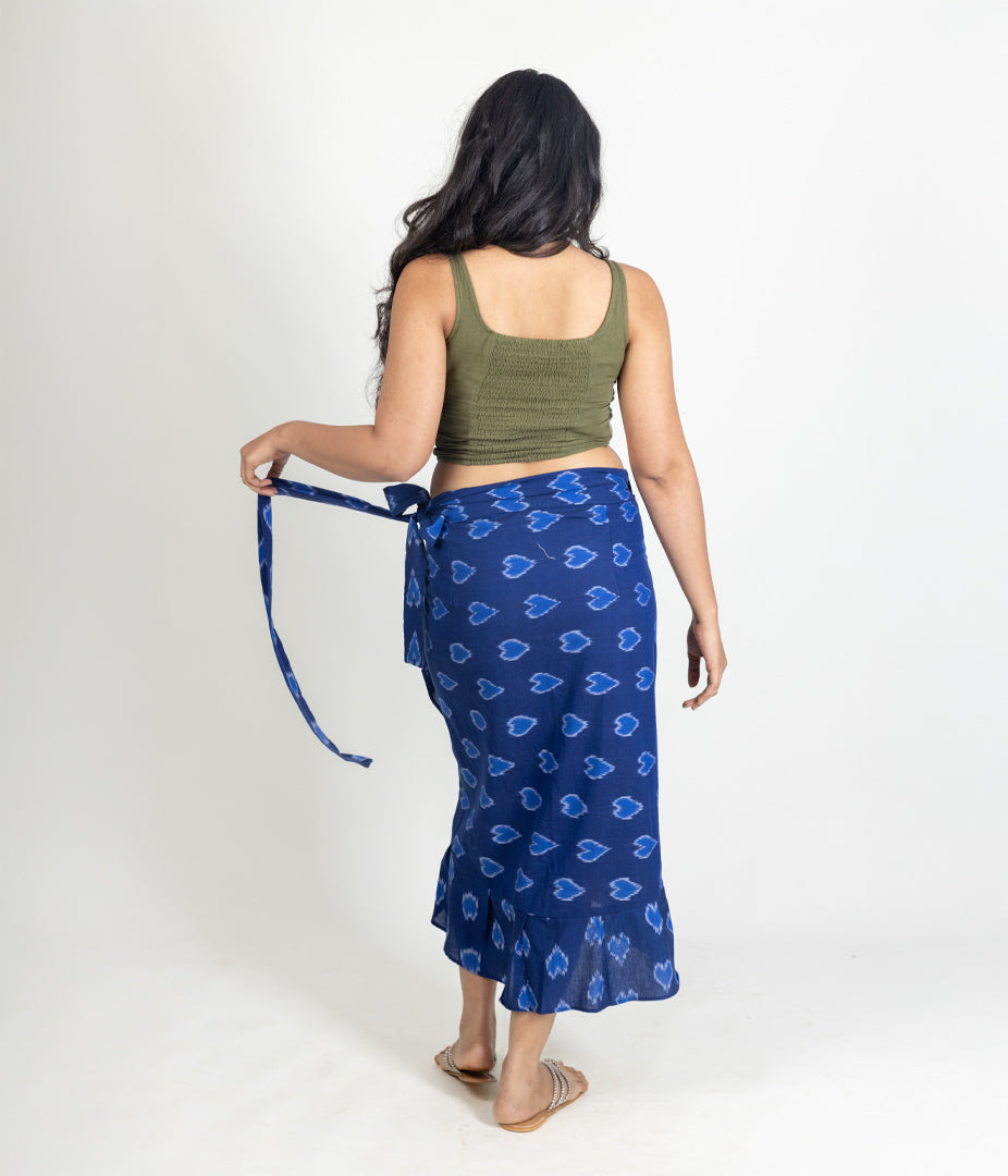 Ikat Blue Hearts Womens Sarong Skirt