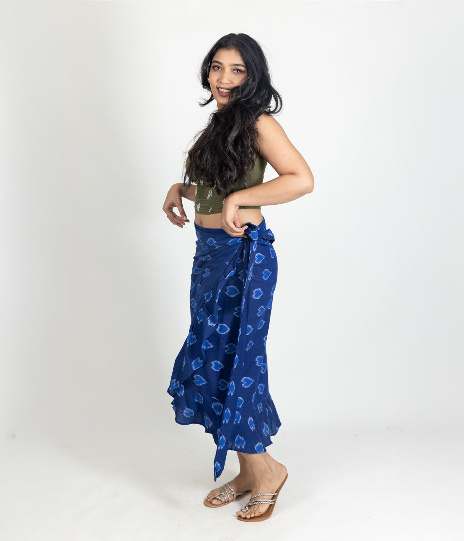 Ikat Blue Hearts Womens Sarong Skirt