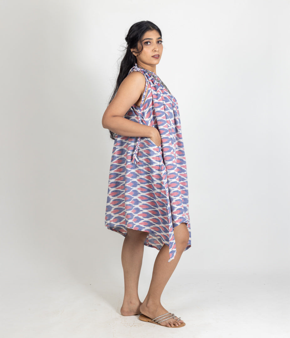 Ikat Blue & Pink Womens Off-Shoulder Dress