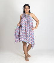 Ikat Blue & Pink Womens Off-Shoulder Dress