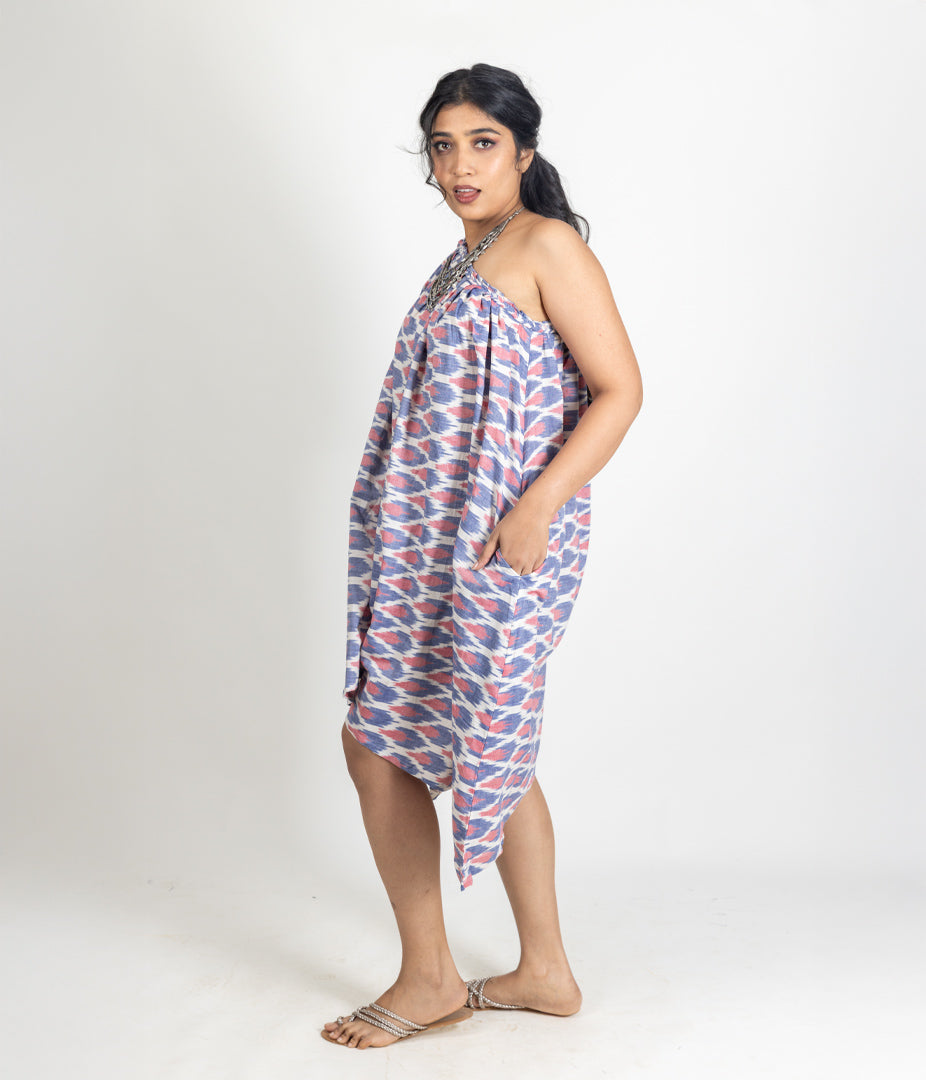 Ikat Blue & Pink Womens Off-Shoulder Dress