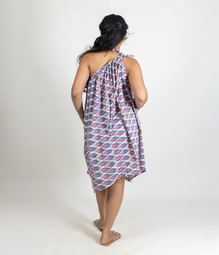 Ikat Blue & Pink Womens Off-Shoulder Dress