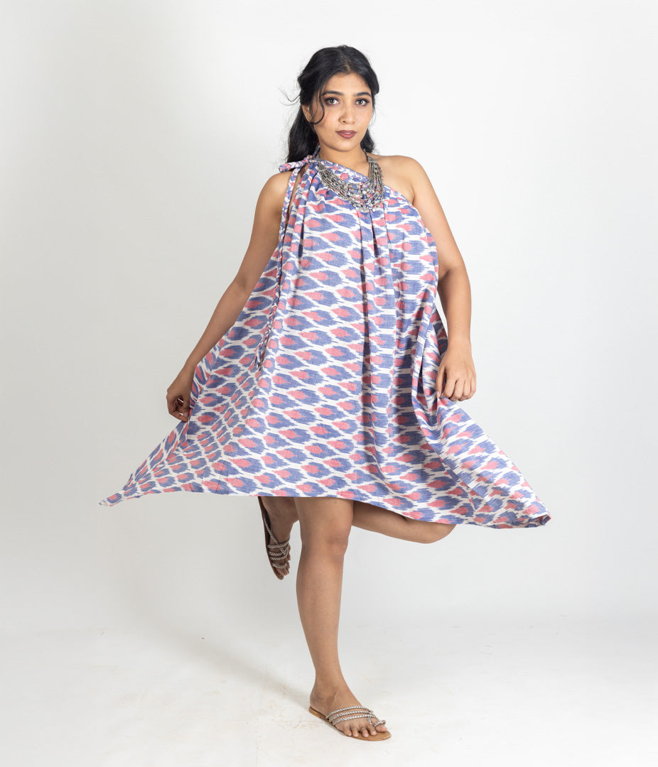 Ikat Blue & Pink Womens Off-Shoulder Dress