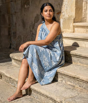 Ikat Blue Womens Off-Shoulder Dress