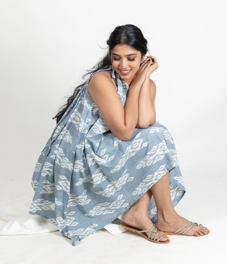 Ikat Blue Womens Off-Shoulder Dress