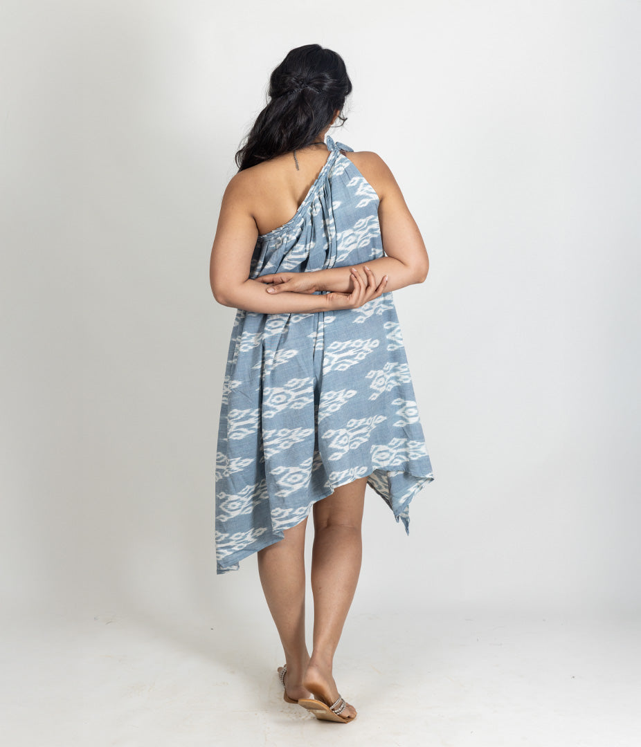 Ikat Blue Womens Off-Shoulder Dress