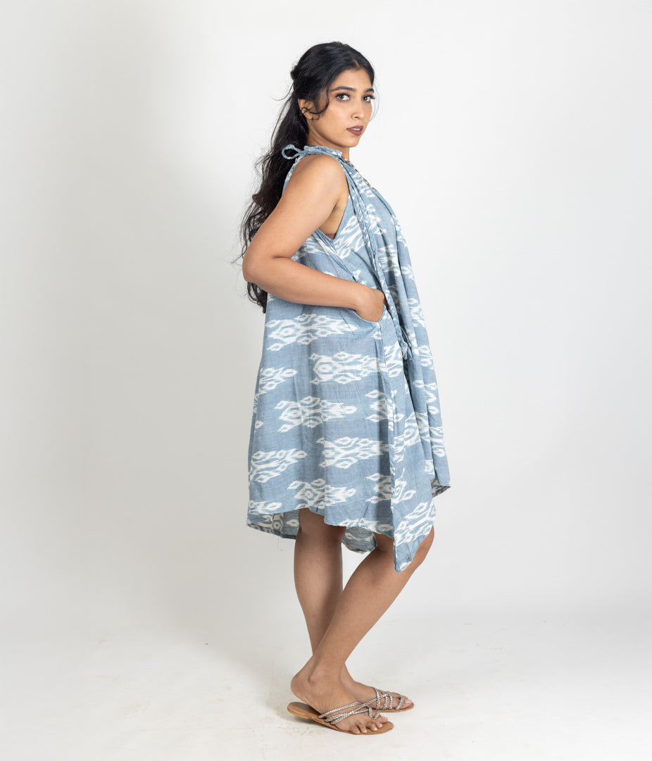 Ikat Blue Womens Off-Shoulder Dress
