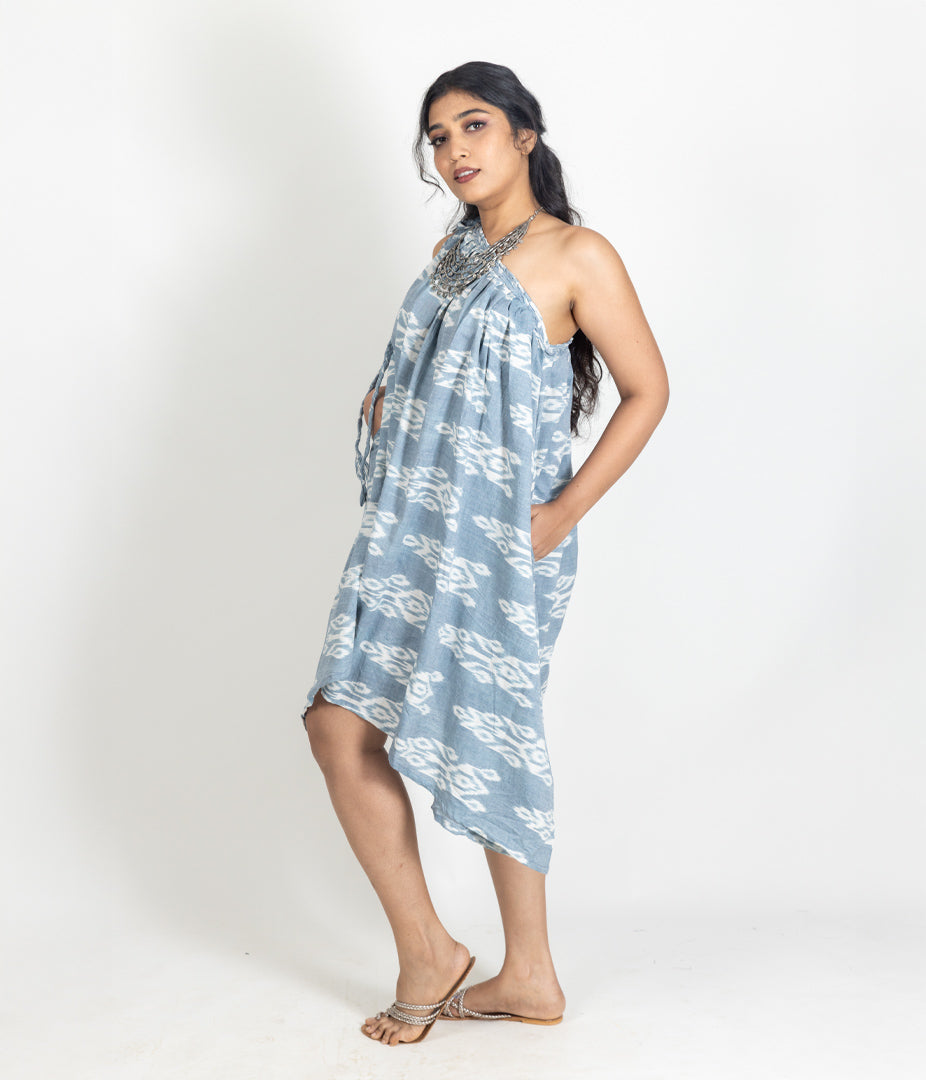 Ikat Blue Womens Off-Shoulder Dress