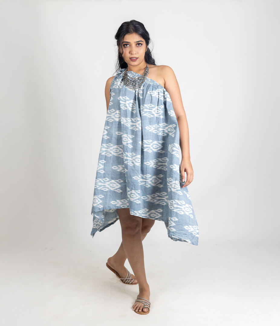 Ikat Blue Womens Off-Shoulder Dress