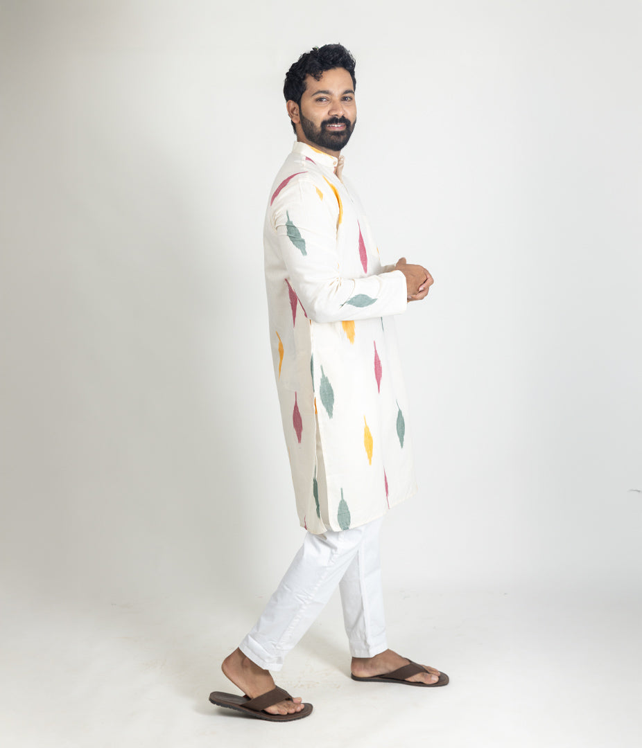 Ikat Cream Multicolor Mens Long Kurta