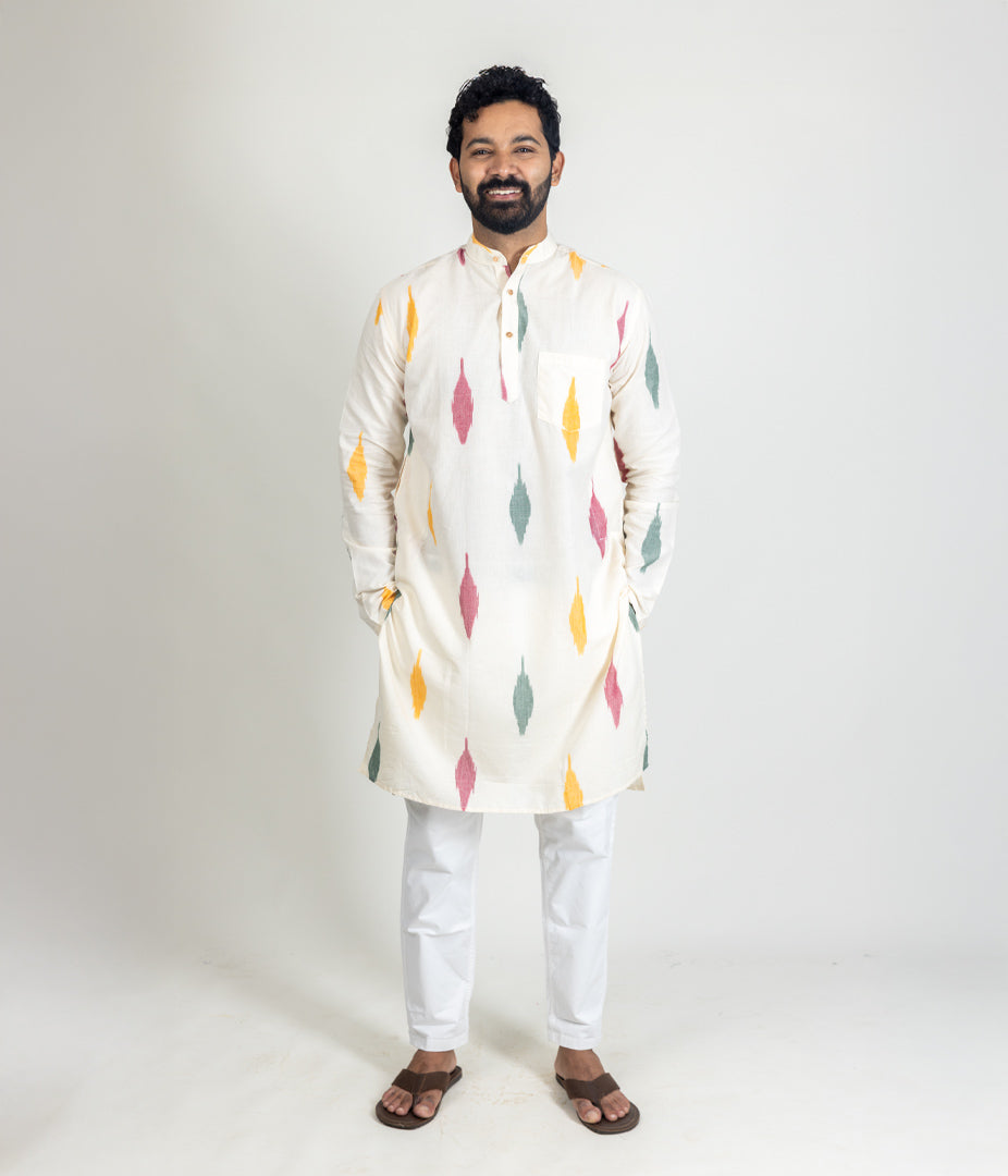 Ikat Cream Multicolor Mens Long Kurta