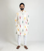 Ikat Cream Multicolor Mens Long Kurta