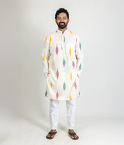 Ikat Cream Multicolor Mens Long Kurta