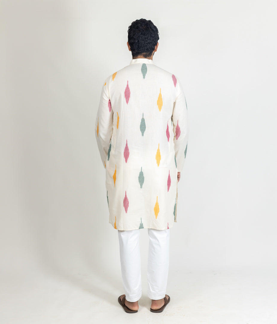 Ikat Cream Multicolor Mens Long Kurta