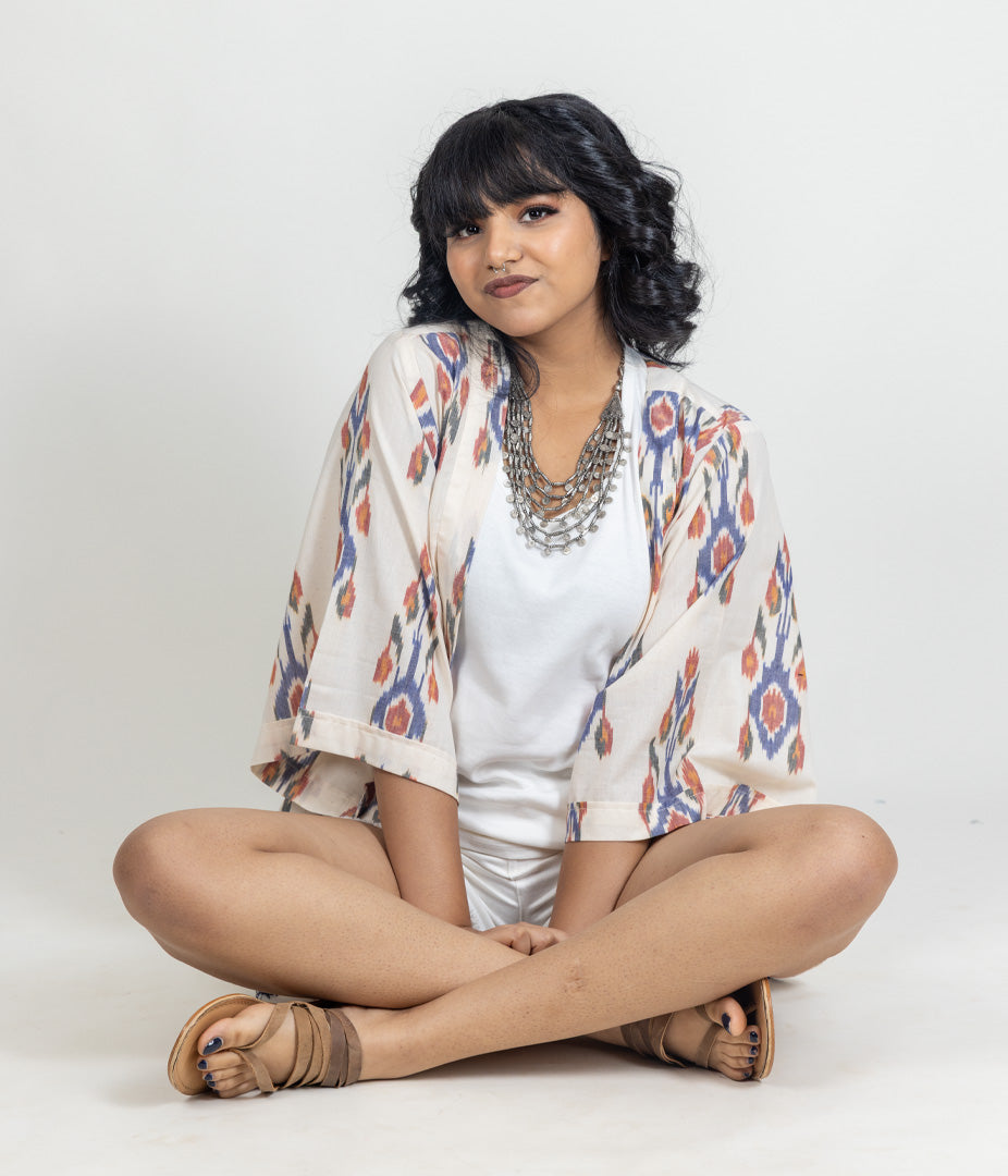 Ikat Cream Multicolor Womens Kimono
