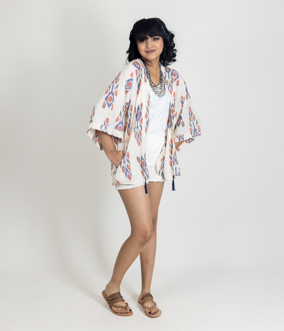 Ikat Cream Multicolor Womens Kimono