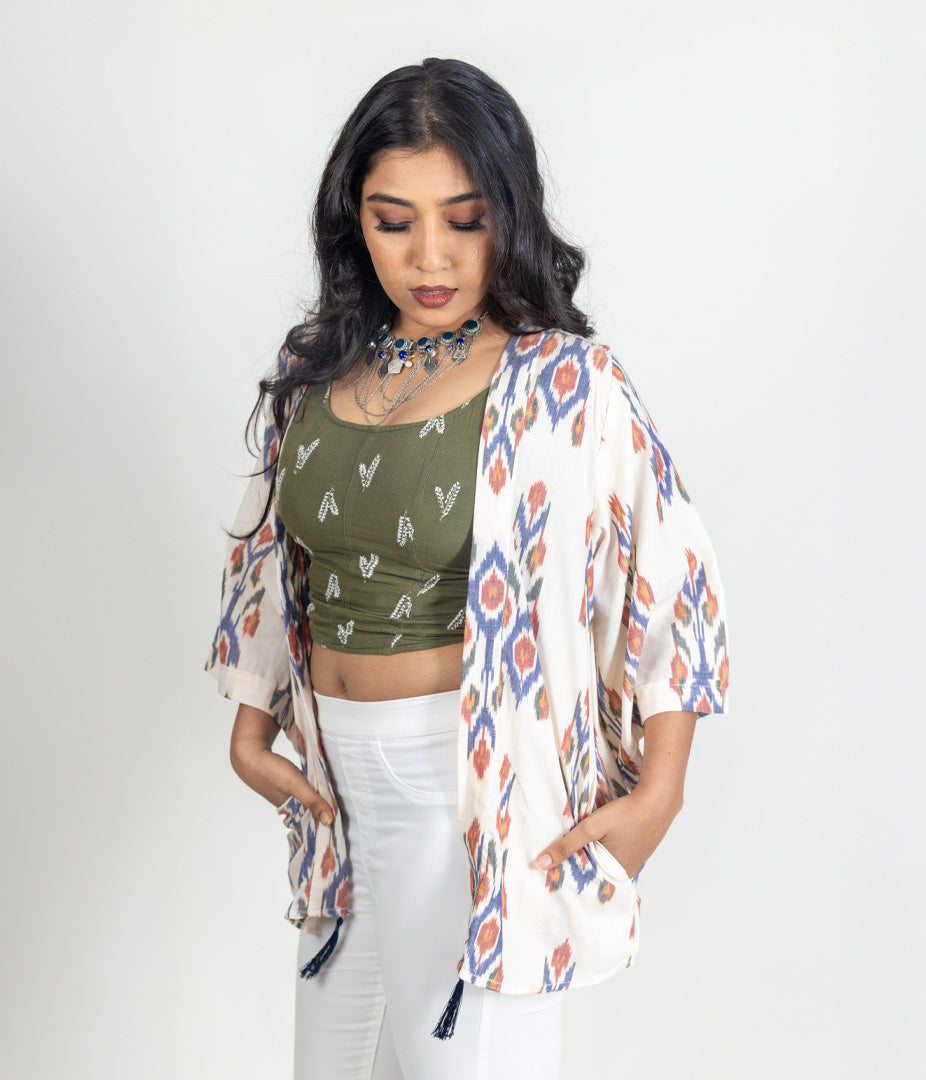 Ikat Cream Multicolor Womens Kimono