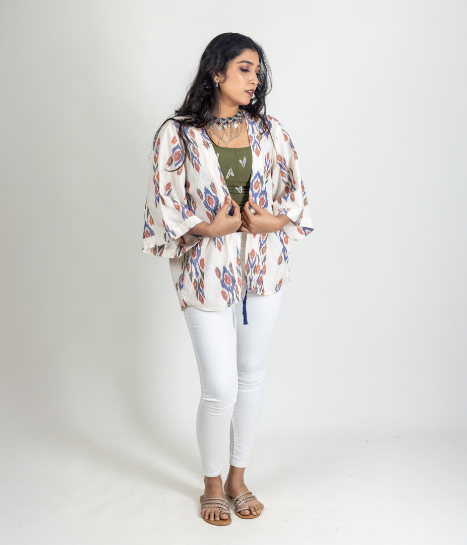 Ikat Cream Multicolor Womens Kimono