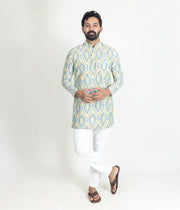Ikat Green Mens Short Kurta