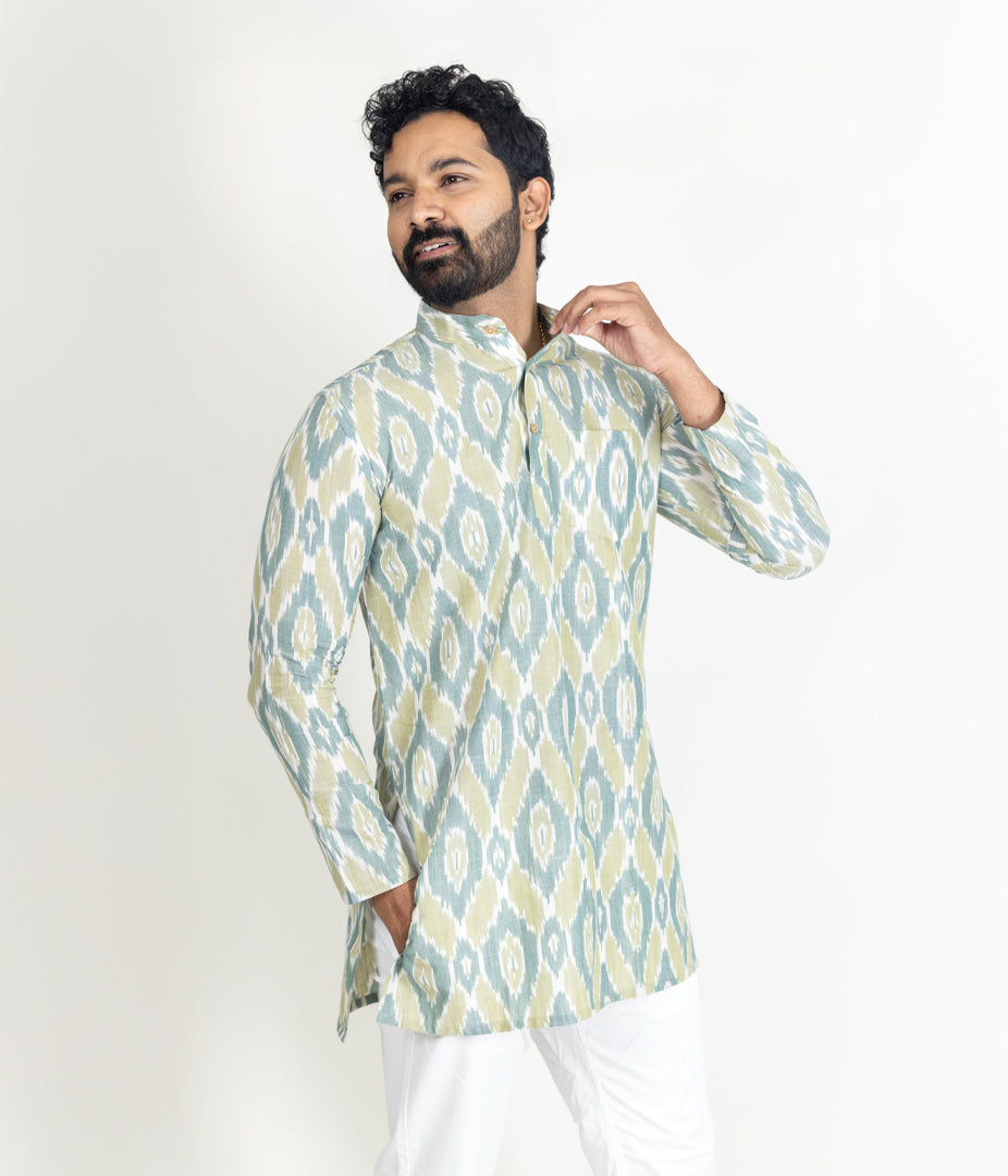 Ikat Green Mens Short Kurta