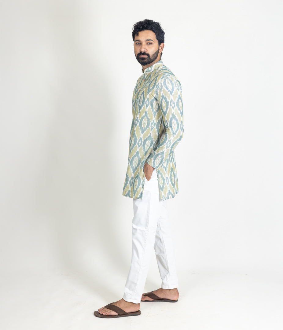 Ikat Green Mens Short Kurta