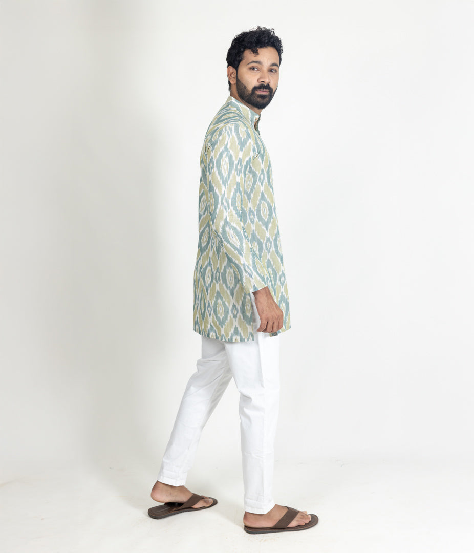 Ikat Green Mens Short Kurta