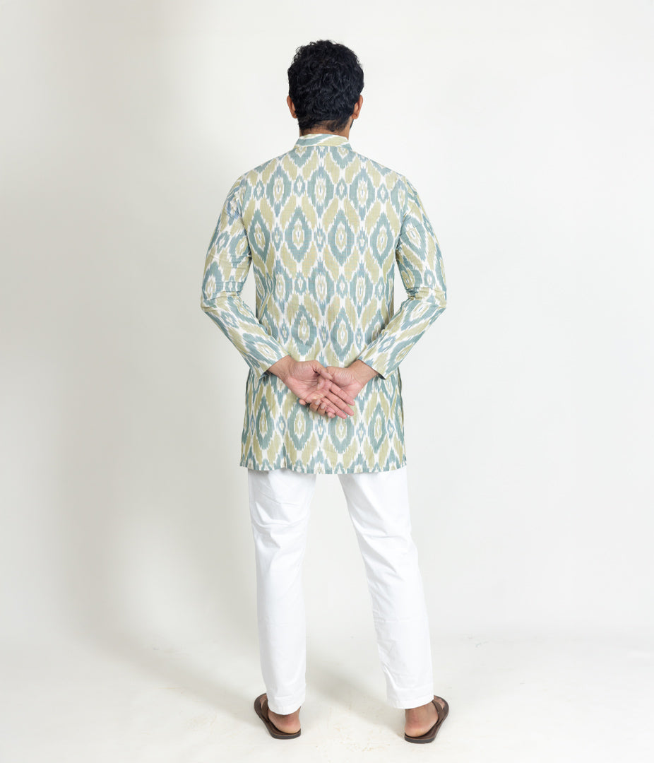 Ikat Green Mens Short Kurta