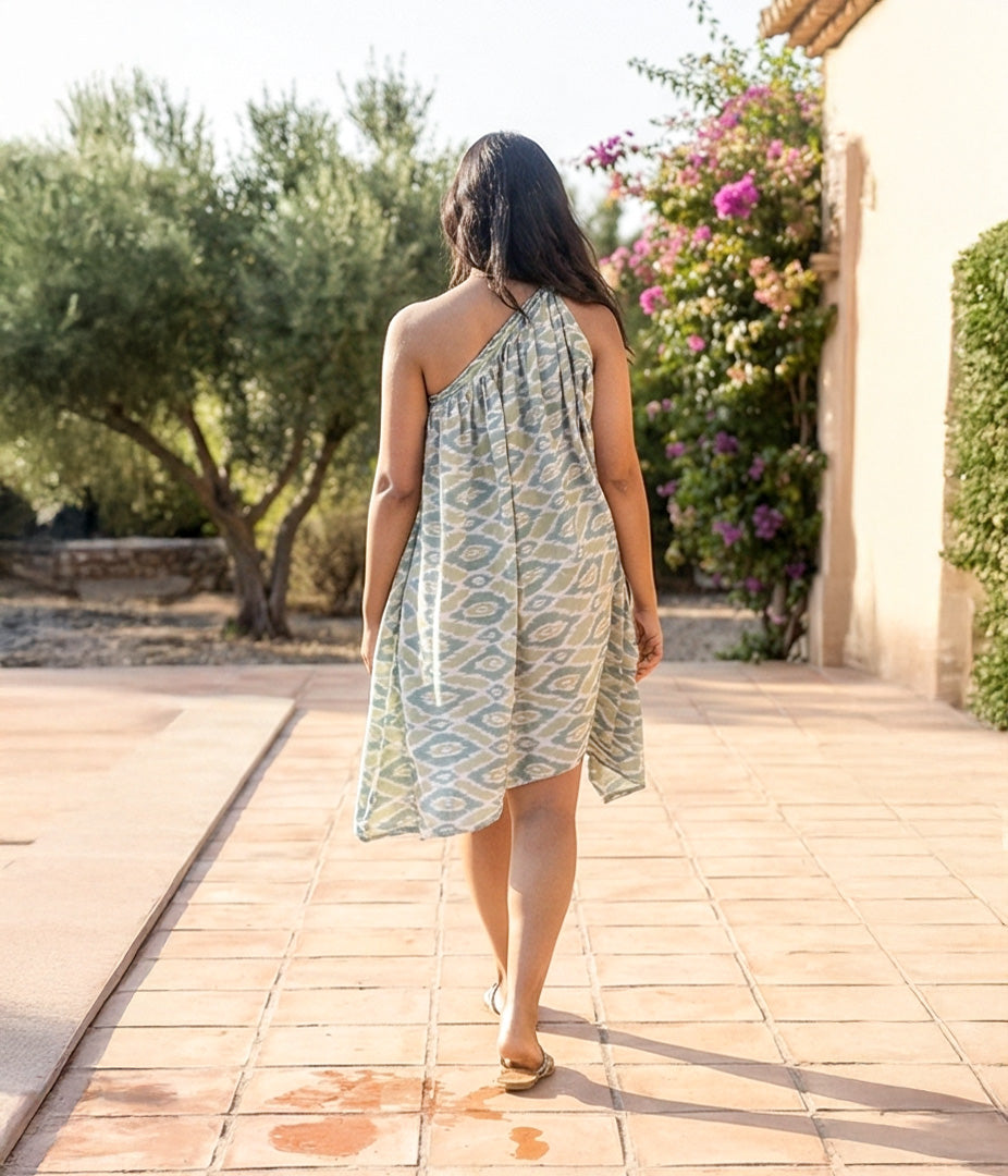 Ikat Green Womens Off-Shoulder Dress