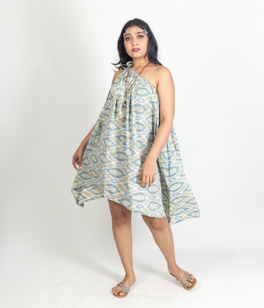 Ikat Green Womens Off-Shoulder Dress