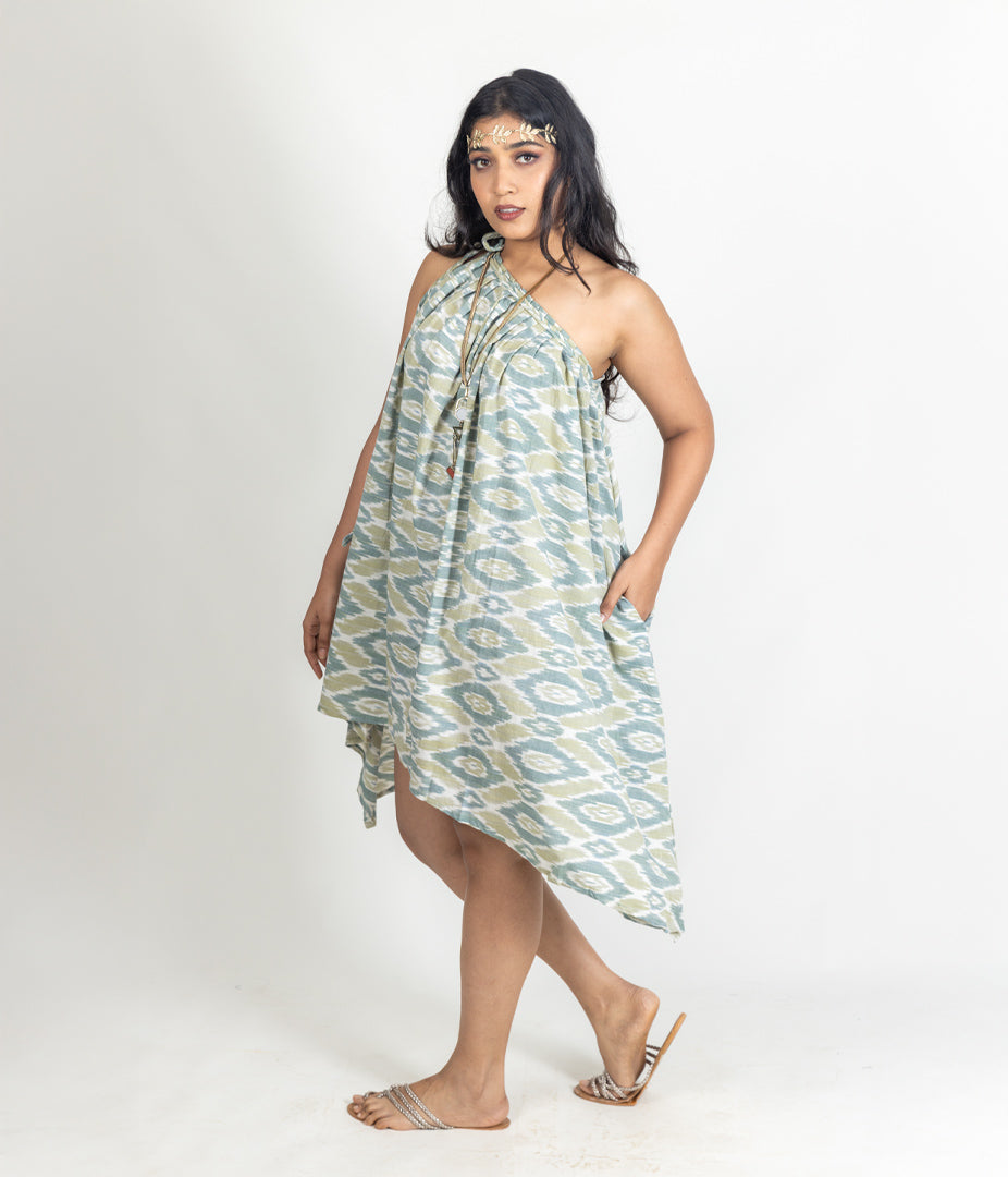 Ikat Green Womens Off-Shoulder Dress